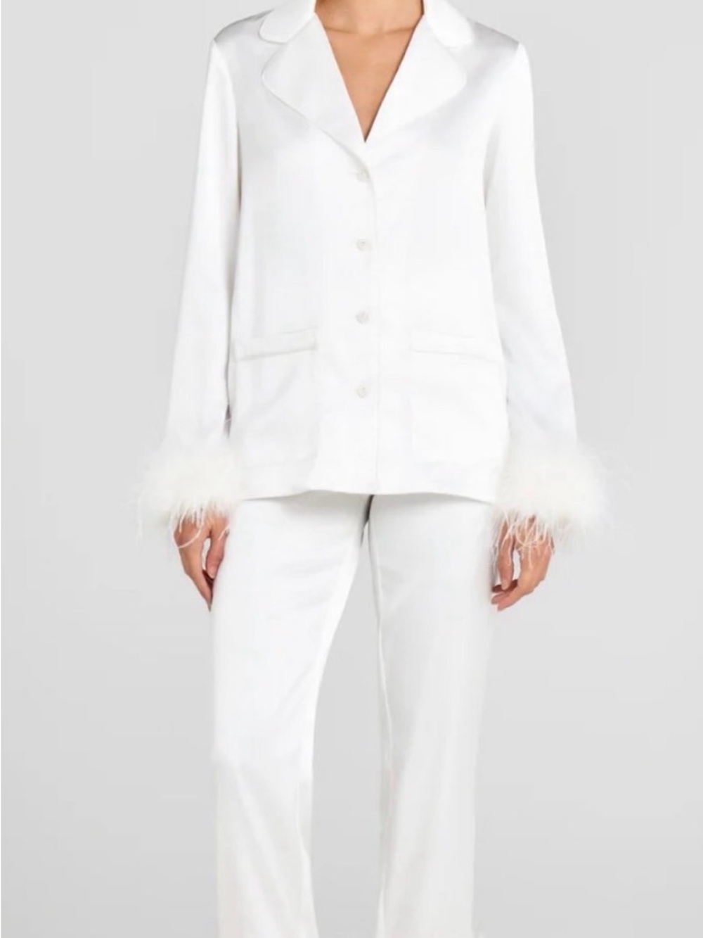 NADINE MERABI White Feather-Trim Satin Lounge Set White - Picture 3 of 8